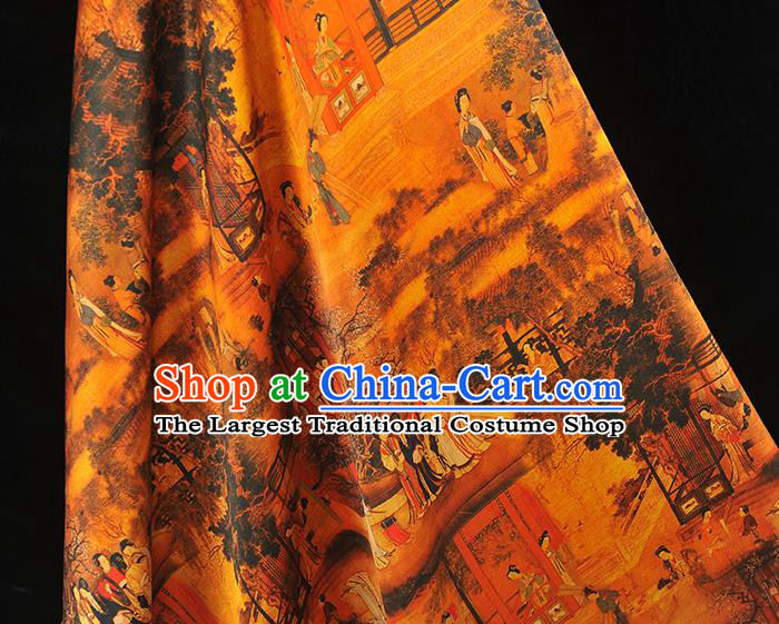Chinese Classical Palace Beauty Pattern Ginger Gambiered Guangdong Gauze Cheongsam Silk Cloth Traditional Jacquard Satin Fabric