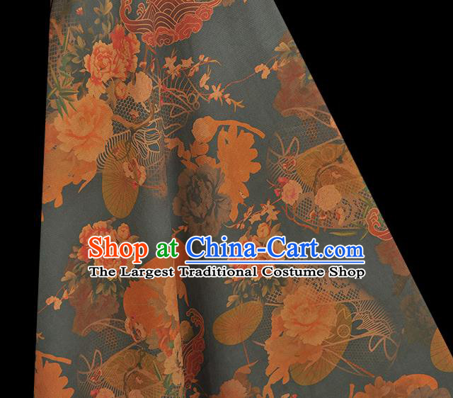 Chinese Blue Silk Fabric Traditional Classical Peony Pattern Cloth Cheongsam Gambiered Guangdong Gauze