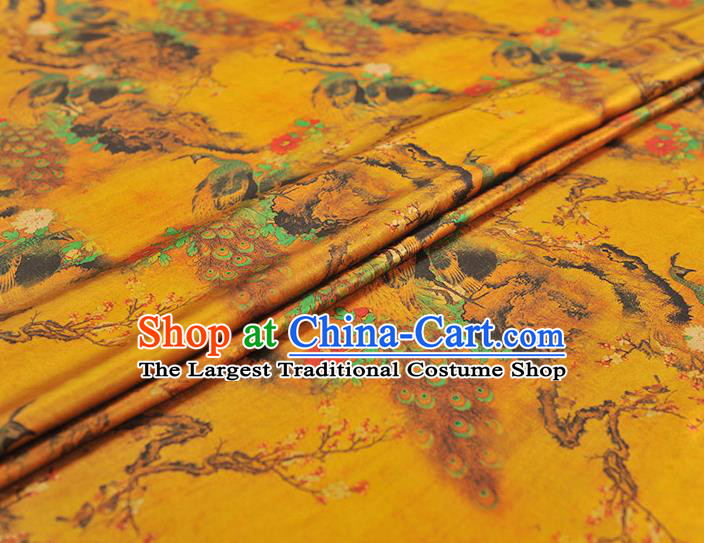 Traditional Yellow Satin Material Gambiered Guangdong Gauze Chinese Cheongsam Classical Peacock Peony Pattern Silk Fabric