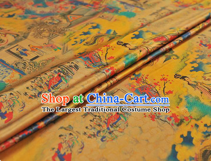 Traditional Gambiered Guangdong Gauze Chinese Cheongsam Classical Goddess Pattern Silk Fabric Yellow Jacquard Material