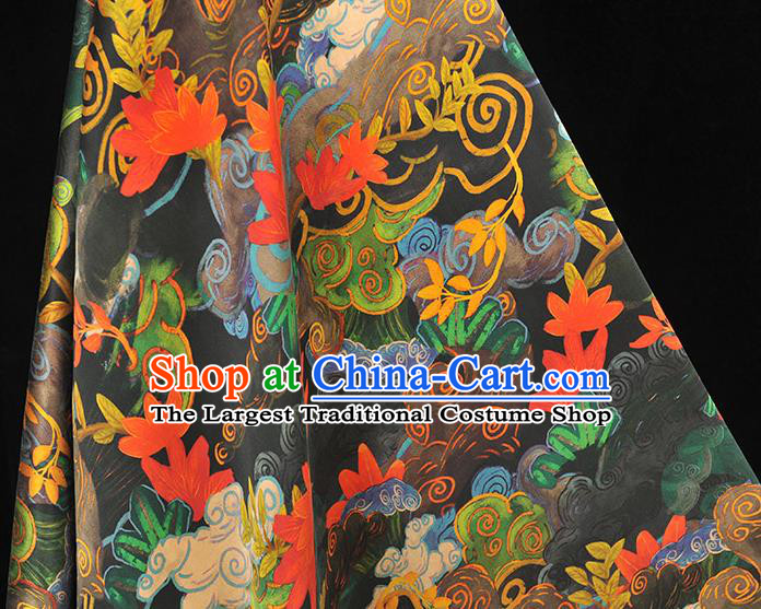 Chinese Classical Red Lotus Pattern Gambiered Guangdong Gauze Cheongsam Silk Cloth Traditional Jacquard Black Satin Fabric