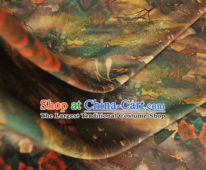 Chinese Classical Crane Peony Pattern Silk Fabric Jacquard Material Traditional Cheongsam Brown Gambiered Guangdong Gauze
