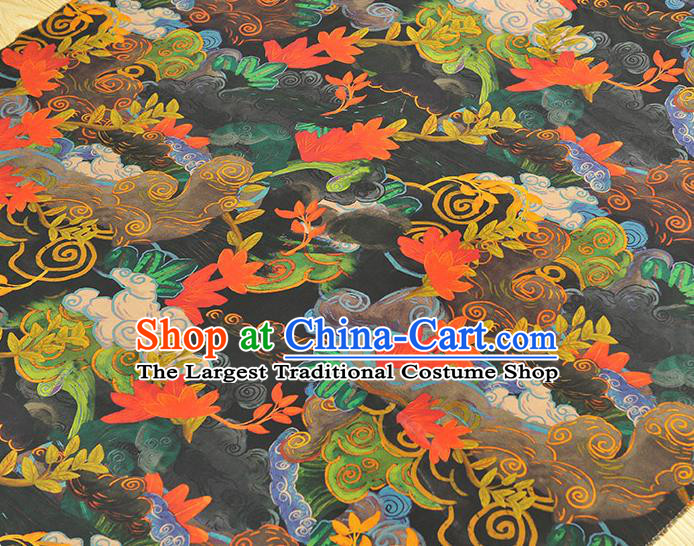 Chinese Classical Red Lotus Pattern Gambiered Guangdong Gauze Cheongsam Silk Cloth Traditional Jacquard Black Satin Fabric