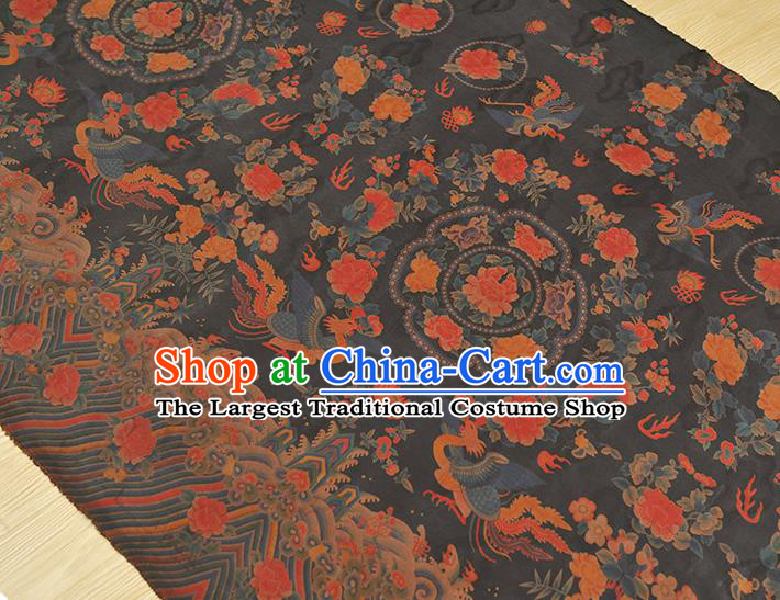 China Classical Cheongsam Black Gambiered Guangdong Gauze Cloth Traditional Peony Phoenix Pattern Silk Fabric