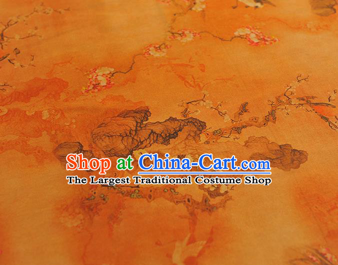 Chinese Yellow Gambiered Guangdong Gauze Traditional Plum Birds Pattern Silk Fabric Classical Cheongsam Satin Material