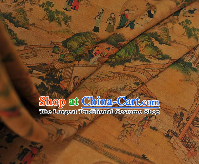 Chinese Traditional Ming Dynasty Beauty Pattern Silk Fabric Classical Cheongsam Material Brown Gambiered Guangdong Gauze