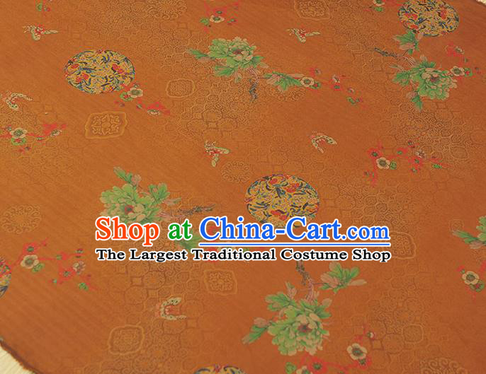 Chinese Classical Cheongsam Orange Satin Material Gambiered Guangdong Gauze Traditional Peony Butterfly Pattern Silk Fabric