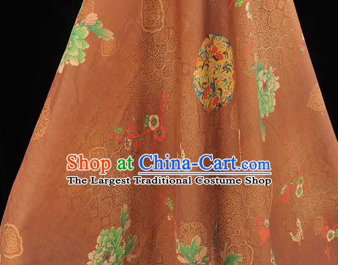 Brown Chinese Gambiered Guangdong Gauze Traditional Peony Butterfly Pattern Silk Fabric Classical Cheongsam Satin Material