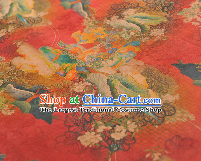 Top Chinese Classical Cheongsam Red Gambiered Guangdong Gauze Fabric Traditional Lotus Leaf Pattern Silk Material