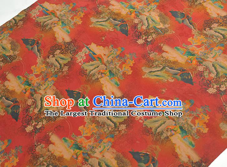 Top Chinese Classical Cheongsam Red Gambiered Guangdong Gauze Fabric Traditional Lotus Leaf Pattern Silk Material