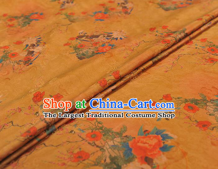 Top Chinese Jacquard Satin Classical Cheongsam Yellow Gambiered Guangdong Gauze Fabric Traditional Flowers Pattern Silk Material