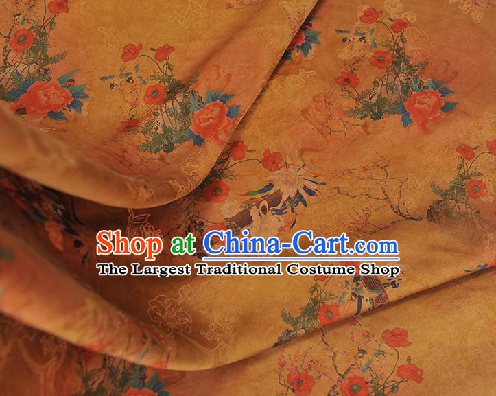 Top Chinese Jacquard Satin Classical Cheongsam Yellow Gambiered Guangdong Gauze Fabric Traditional Flowers Pattern Silk Material