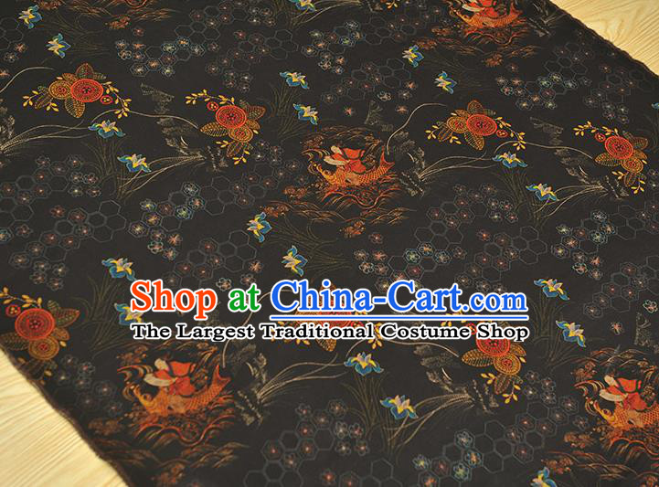 Top Chinese Classical Cheongsam Black Gambiered Guangdong Gauze Traditional Cloth Fabric Carps Pattern Silk Material