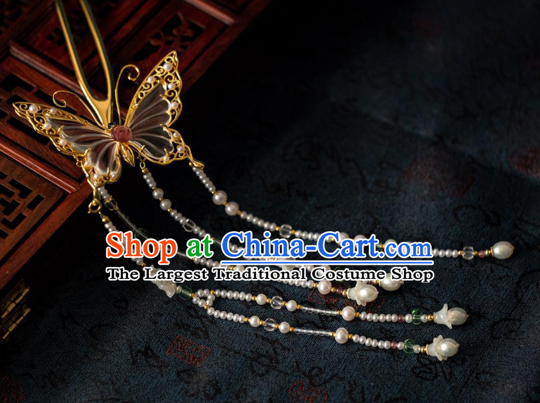 China Traditional Hanfu Crystal Butterfly Tassel Hairpin Ancient Ming Dynasty Gilding Hair Jewelry Hair Accessories