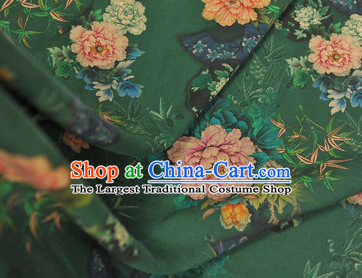 Top Chinese Classical Peony Bamboo Fan Pattern Silk Material Cheongsam Green Gambiered Guangdong Gauze Traditional Cloth Fabric