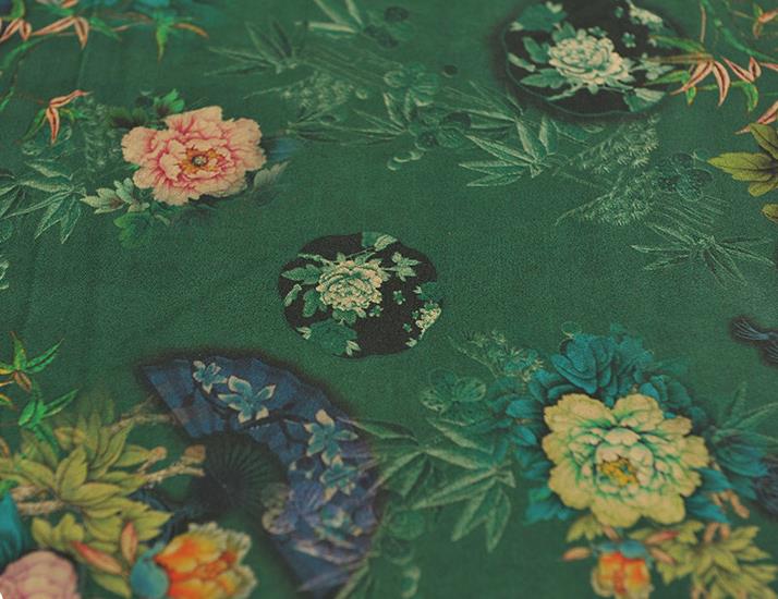 Top Chinese Classical Peony Bamboo Fan Pattern Silk Material Cheongsam Green Gambiered Guangdong Gauze Traditional Cloth Fabric