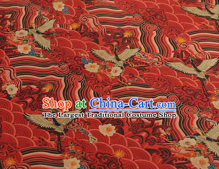 Chinese Classical Wave Crane Pattern Red Silk Material Traditional Gambiered Guangdong Gauze Cheongsam Satin Cloth Fabric