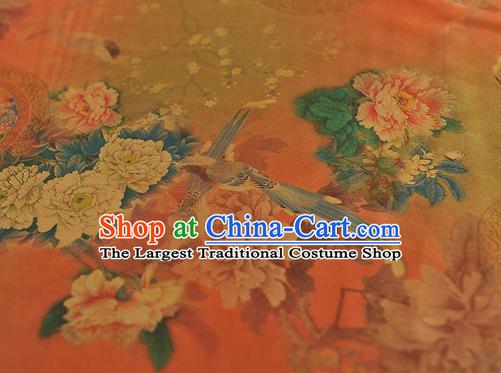 Chinese Orange Satin Traditional Cheongsam Fabric Classical Peony Birds Pattern Silk Material