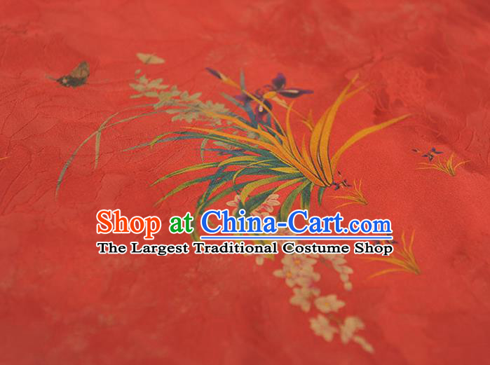 Top Chinese Classical Embroidered Orchids Pattern Silk Material Cheongsam Gambiered Guangdong Gauze Traditional Cloth Red Satin Fabric