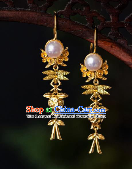China Song Dynasty Empress Pearl Earrings Traditional Palace Lady Gilding Ear Jewelry