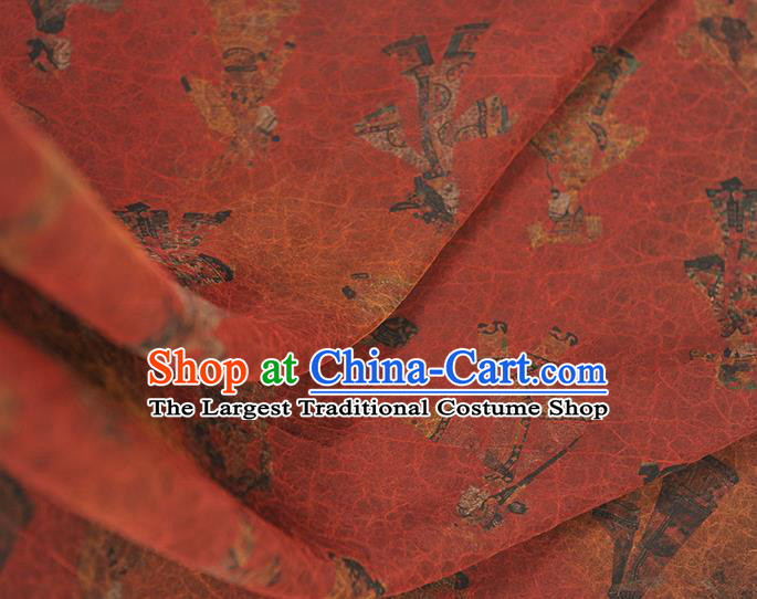 Chinese Classical Shadow Puppetry Pattern Red Silk Fabric Traditional Gambiered Guangdong Gauze Cheongsam Craquelure Cloth Material