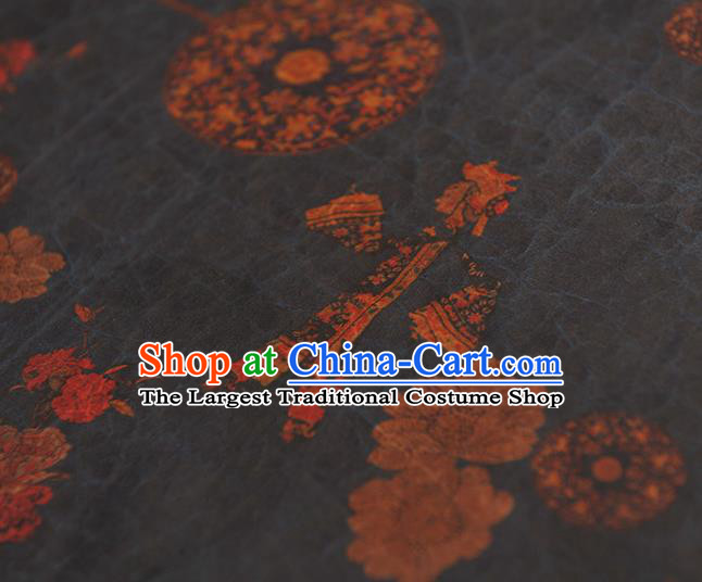 Chinese Traditional Gambiered Guangdong Gauze Cheongsam Craquelure Cloth Material Classical Shadow Puppetry Pattern Navy Silk Fabric