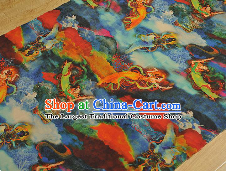 Chinese Traditional Blue Gambiered Guangdong Gauze Cheongsam Cloth Material Classical Flying Apsaras Pattern Silk Fabric