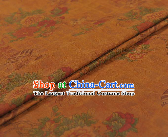 Chinese Traditional Ginger Gambiered Guangdong Gauze Cheongsam Cloth Material Classical Peony Flowers Pattern Silk Fabric