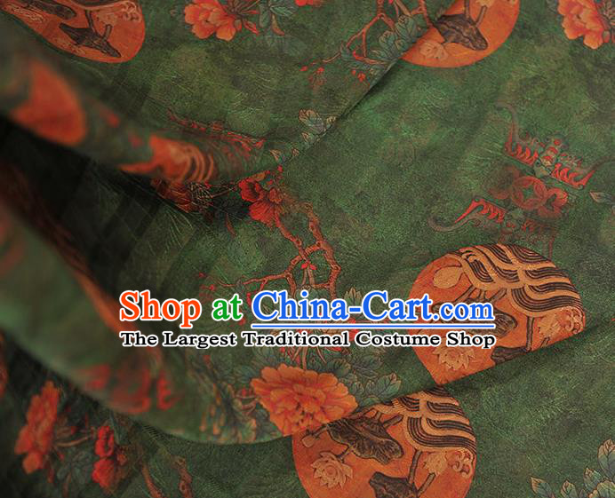Chinese Classical Peony Flowers Pattern Silk Fabric Traditional Green Gambiered Guangdong Gauze Cheongsam Cloth Material