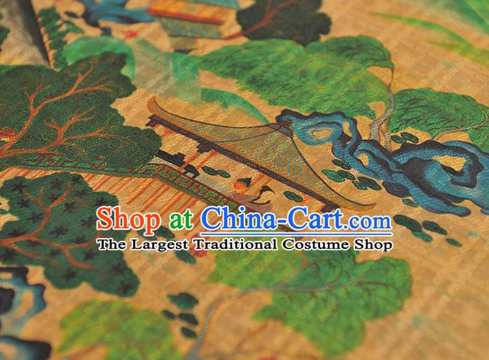 Chinese Cheongsam Yellow Cloth Material Traditional Gambiered Guangdong Gauze Classical Pavilion Pattern Silk Fabric