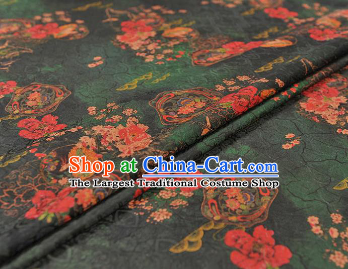 Chinese Traditional Gambiered Guangdong Gauze Classical Peony Plum Pattern Silk Fabric Cheongsam Green Cloth Material