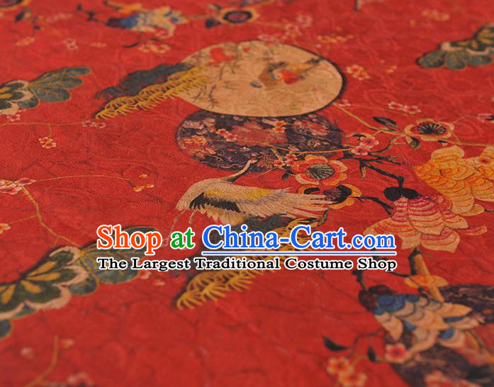 Chinese Traditional Red Gambiered Guangdong Gauze Classical Crane Plum Pattern Silk Fabric Cheongsam Cloth Material