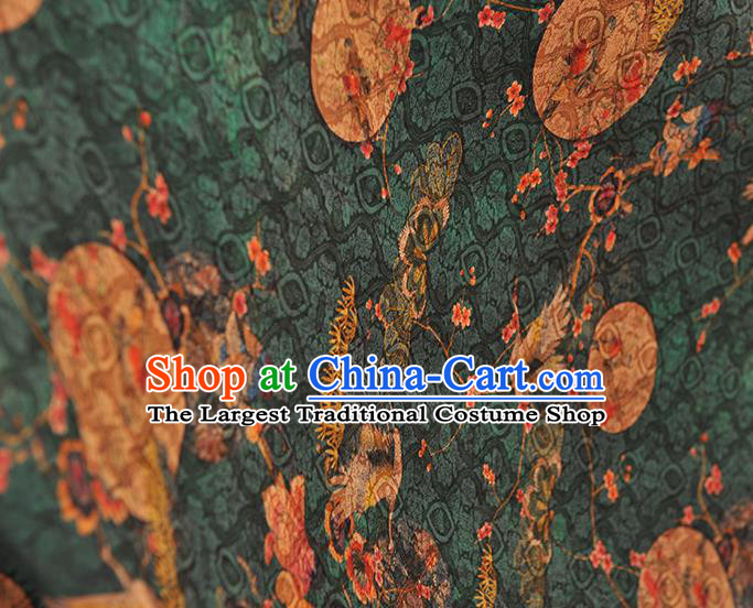 Chinese Traditional Deep Green Gambiered Guangdong Gauze Cheongsam Cloth Material Classical Crane Plum Pattern Silk Fabric