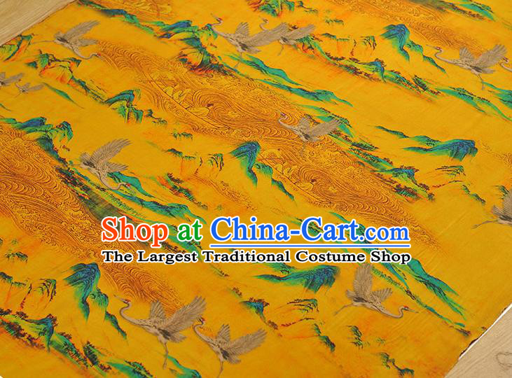 Chinese Classical Crane Pattern Silk Fabric Traditional Yellow Gambiered Guangdong Gauze Cheongsam Cloth Material