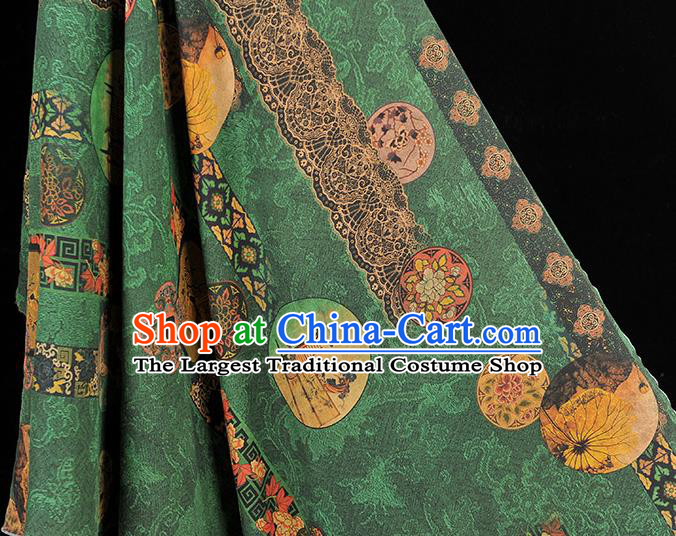 Chinese Traditional Classical Folding Screen Pattern Gambiered Guangdong Gauze Silk Fabric Cheongsam Green Cloth Material