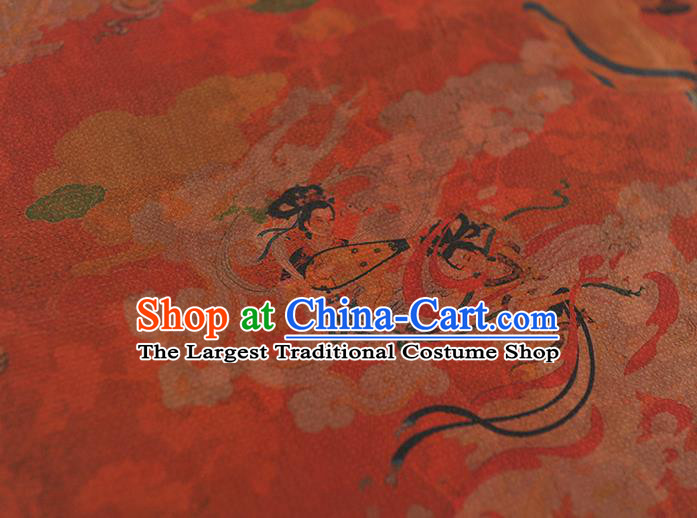 Chinese Classical Crane Fairy Pattern Red Gambiered Guangdong Gauze Cheongsam Cloth Material Traditional Silk Fabric