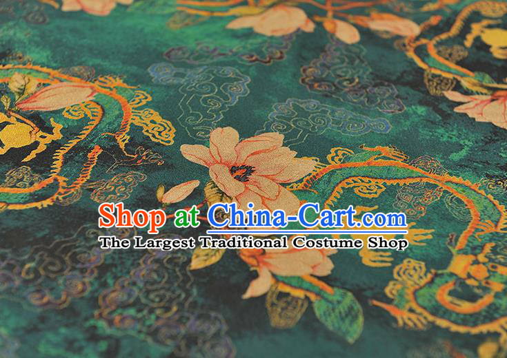 Chinese Classical Mangnolia Pattern Gambiered Guangdong Gauze Cloth Material Traditional Cheongsam Deep Green Silk Fabric