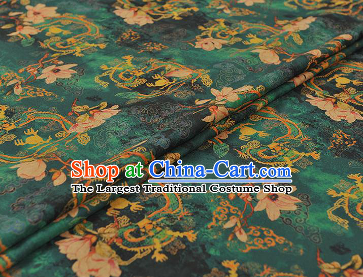 Chinese Classical Mangnolia Pattern Gambiered Guangdong Gauze Cloth Material Traditional Cheongsam Deep Green Silk Fabric