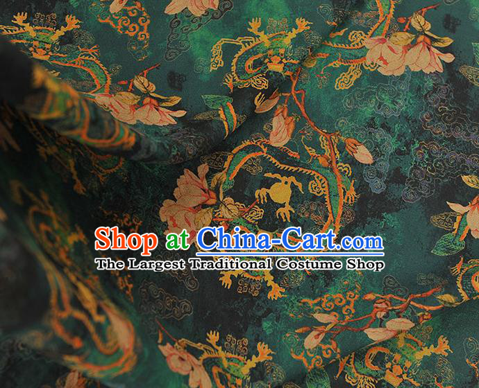 Chinese Classical Mangnolia Pattern Gambiered Guangdong Gauze Cloth Material Traditional Cheongsam Deep Green Silk Fabric