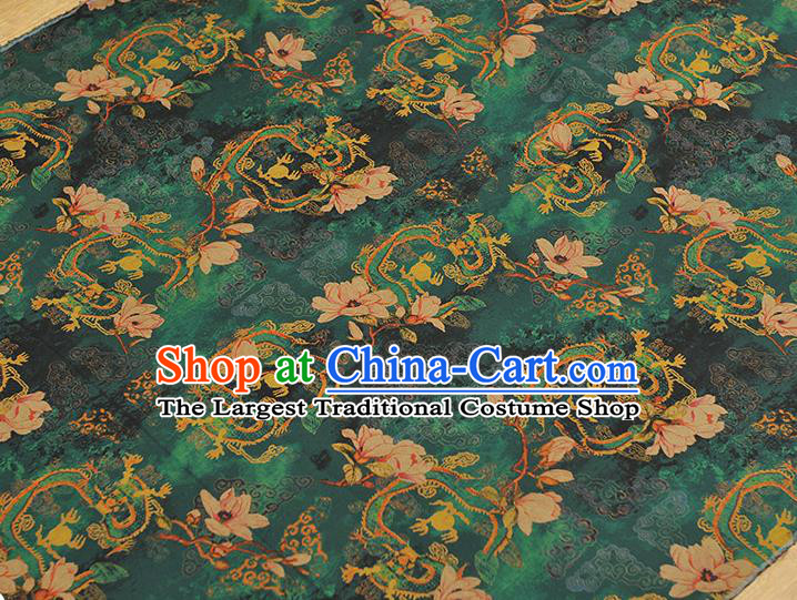 Chinese Classical Mangnolia Pattern Gambiered Guangdong Gauze Cloth Material Traditional Cheongsam Deep Green Silk Fabric