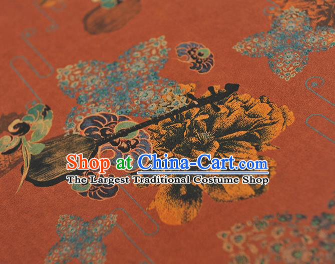 Chinese Traditional Cloth Material Cheongsam Rust Red Silk Fabric Classical Lute Pattern Gambiered Guangdong Gauze