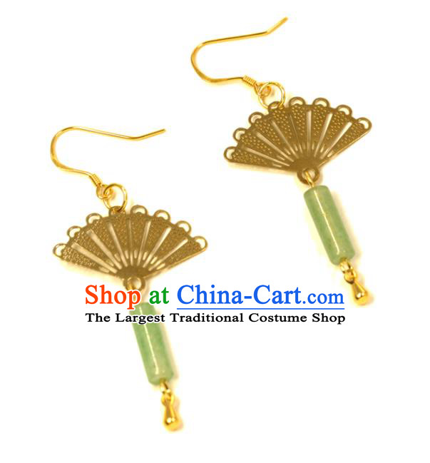 Handmade Chinese National Jade Tassel Earrings Traditional Cheongsam Classical Golden Fan Ear Accessories