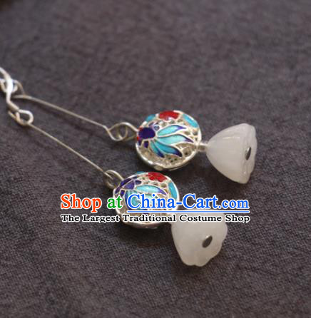 Handmade Traditional White Jade Lotus Seedpod Ear Accessories Chinese National Blueing Goldfish Earrings