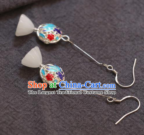 Handmade Traditional White Jade Lotus Seedpod Ear Accessories Chinese National Blueing Goldfish Earrings