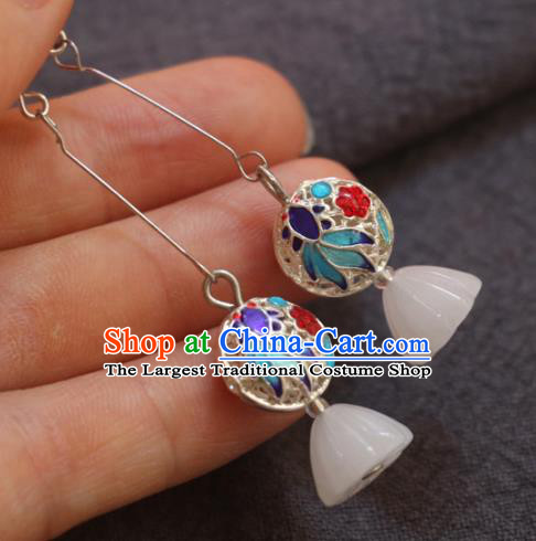 Handmade Traditional White Jade Lotus Seedpod Ear Accessories Chinese National Blueing Goldfish Earrings