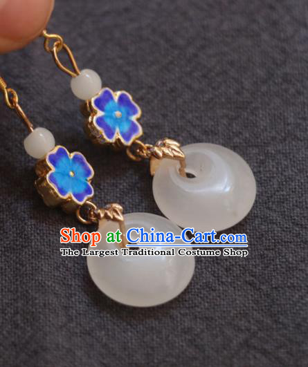 Handmade Traditional Enamel Flower Ear Accessories Chinese National White Jade Ring Earrings