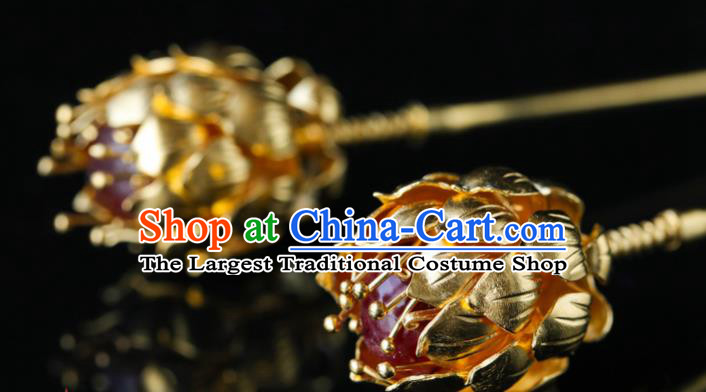 China Traditional Handmade Golden Lotus Hair Accessories Ancient Empress Hair Clip Ming Dynasty Palace Hairpin for Women