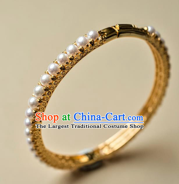 Chinese Ancient Princess Pearls Bracelet Gilding Accessories Traditional Ming Dynasty Jewelry