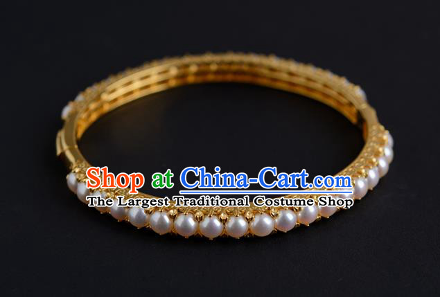 Chinese Ancient Princess Pearls Bracelet Gilding Accessories Traditional Ming Dynasty Jewelry