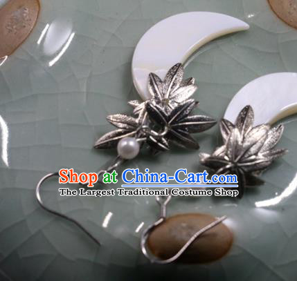 Handmade Traditional Shell Moon Ear Accessories Chinese National Silver Maple Leaf Earrings